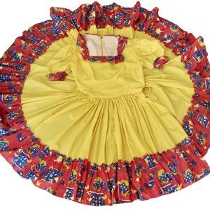 VTG Kate Schorer Yellow Square Dance Circle Dress Red Rooster Trim Rockabilly Sm